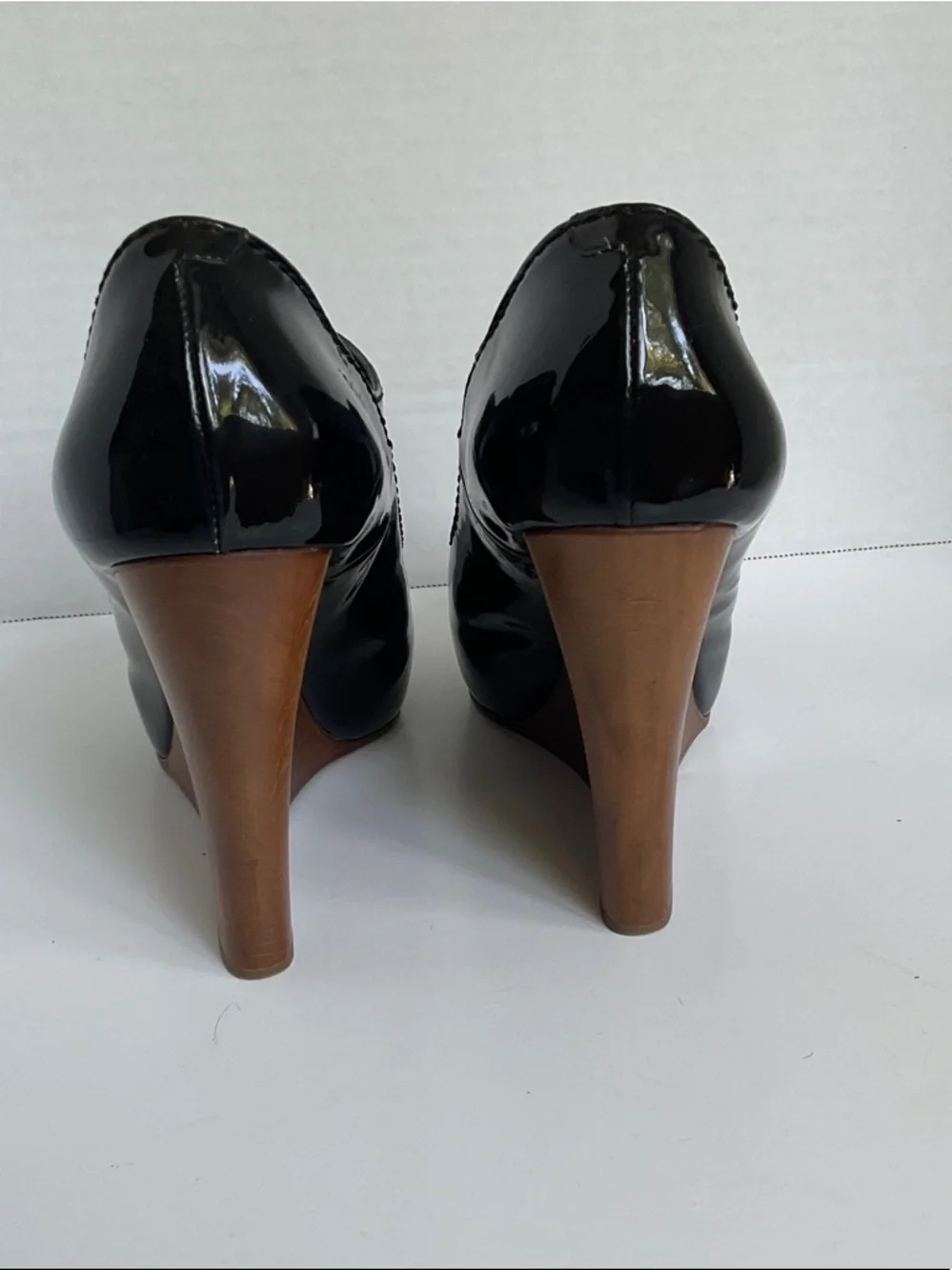 Chloe Black Patent Leather Wedge with Brown Wood Wedge Heel